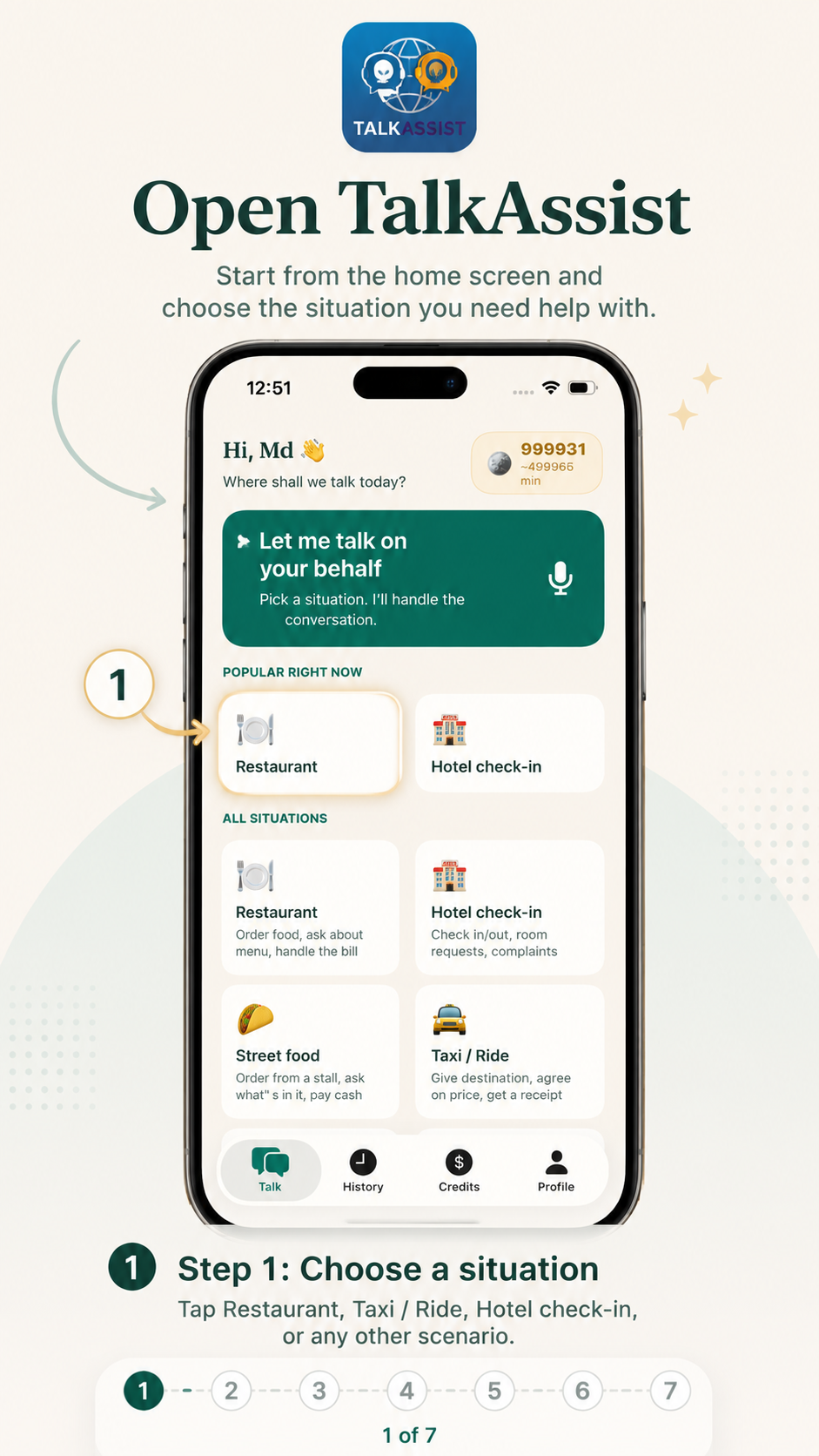 Talk Assist step 1: choose a conversation situation