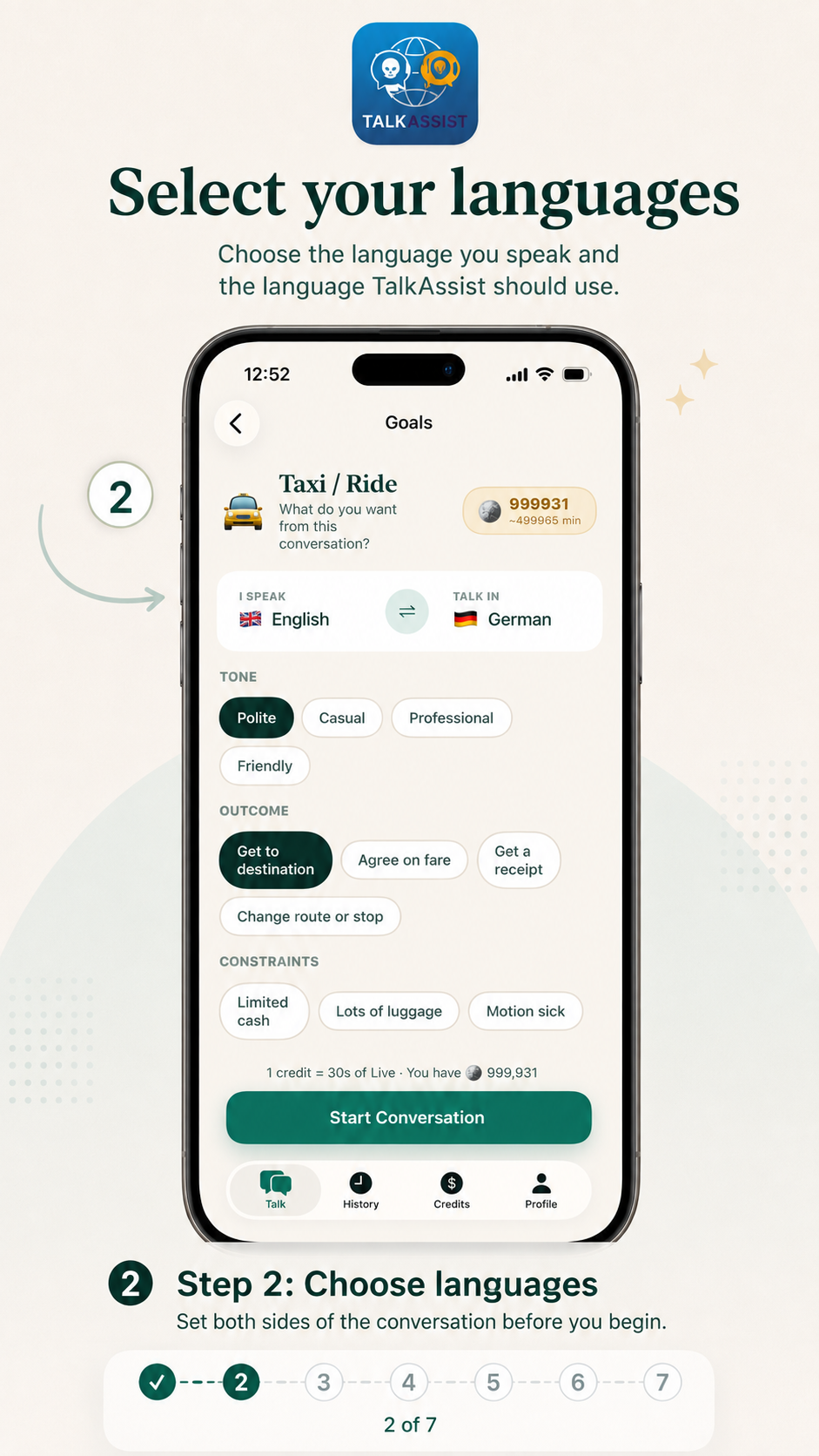 Talk Assist step 2: select your language and the other person's language