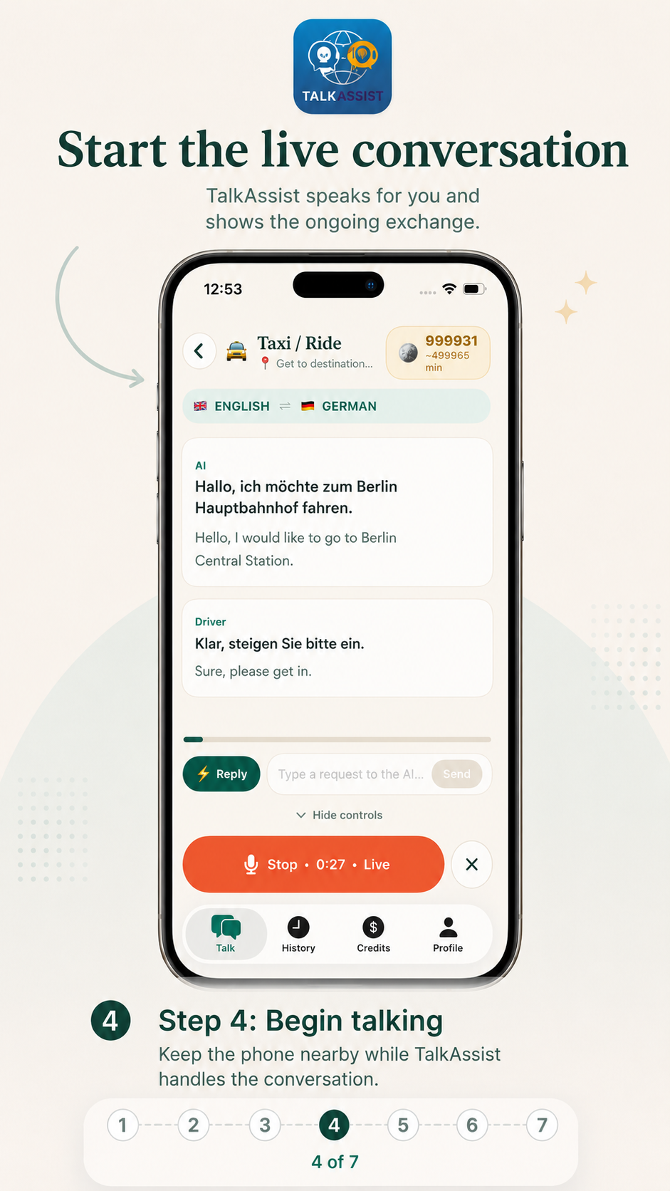 Talk Assist step 4: live AI conversation in progress