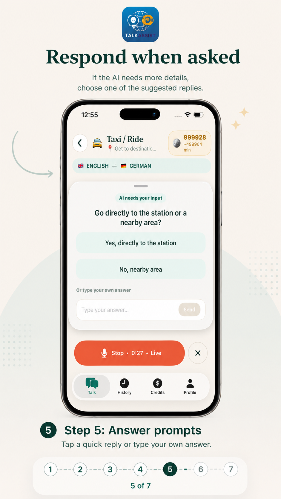 Talk Assist step 5: answer an AI prompt with suggested replies