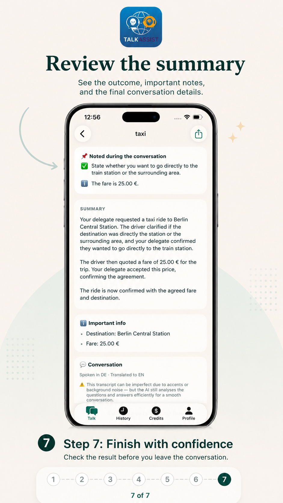 Talk Assist step 7: review the conversation summary and notes